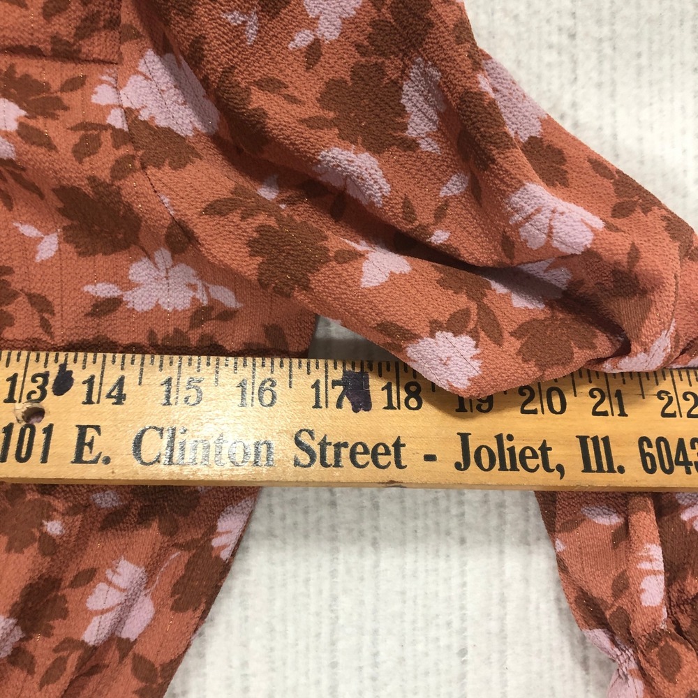 Monteau Los Angeles Floral Print Blouse Smocked Waist Ruffle Trim Copper - Picture 9 of 9